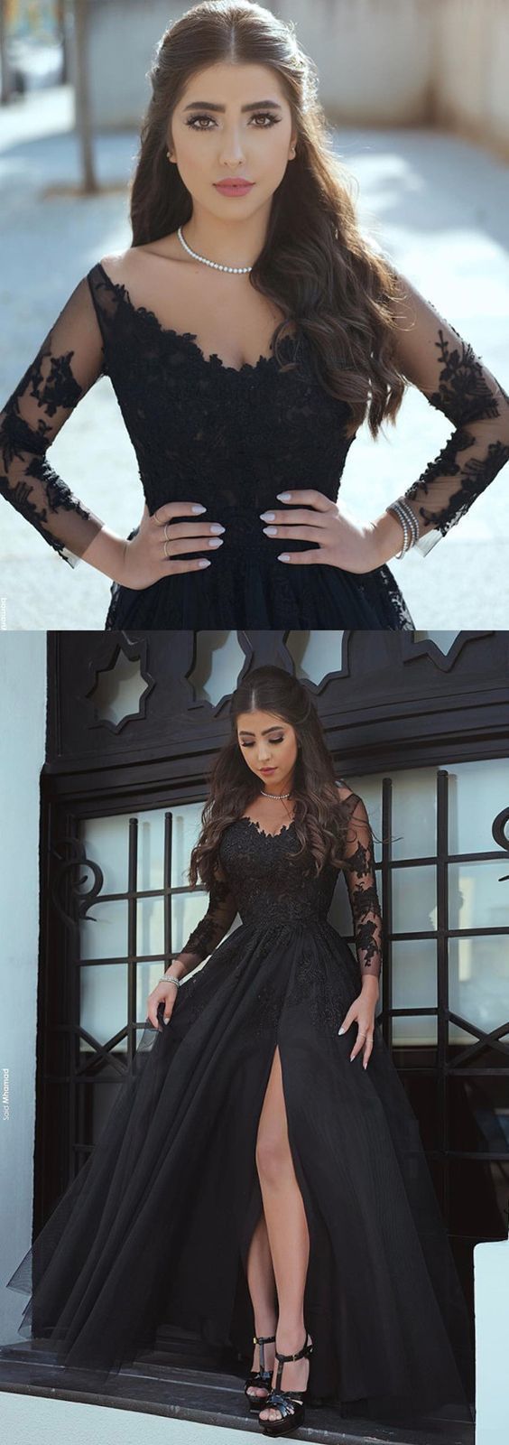 Long Sleeves V Neck Black Formal Dresses Lace Appliques Prom Gowns -   9 black dress makeup Formal
 ideas