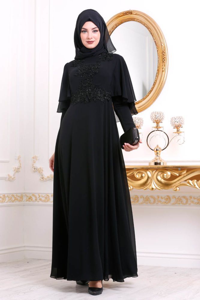 Yarasa Kol Siyah Tesett?r Abiye Elbise 37870S -   11 dress Muslim hitam ideas