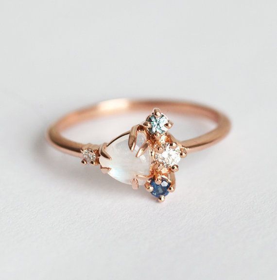 Rose Gold Moonstone Ring, 14k Cluster Engagement Ring, Diamond Sapphire Ring, Perfect Gift for Mom -   11 hair Rose Gold bling ideas