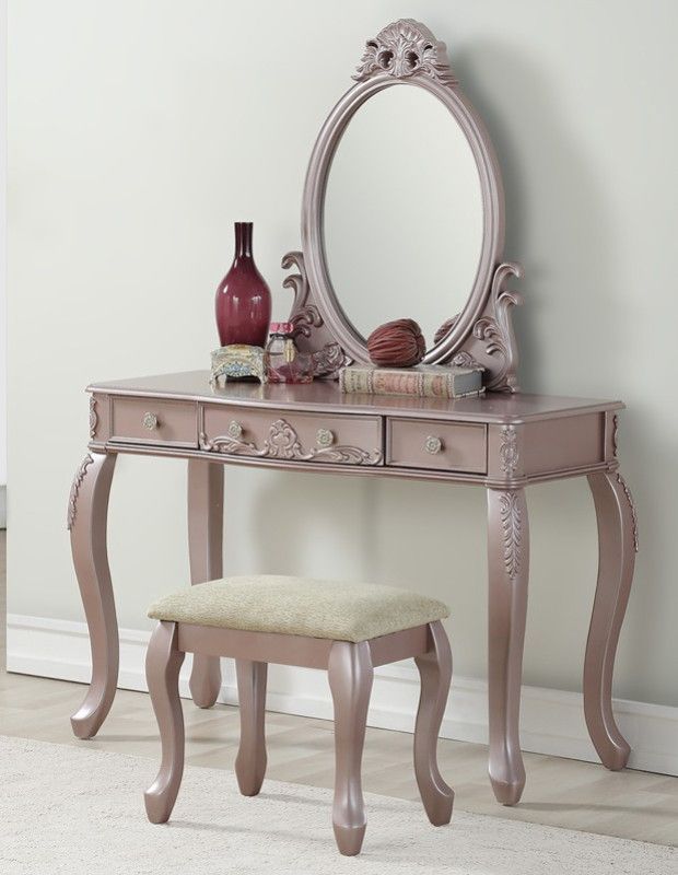Poundex F4169 3 pc rose gold finish wood make up bedroom vanity set curved legs stool and mirror -   12 antique makeup Vanity ideas