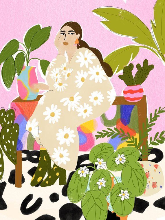 Taking Care of My Plants A4 and A3 art print • Plant Lady • Abstract illustration • Daisy art • Floral painting • Plant Jungle -   12 plants Illustration ink ideas
