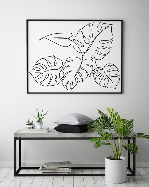 Monstera plant printable line art, Tropic leaves print, Abstract botanic wall decor, Minimalist art, -   13 minimalist planting Art ideas
