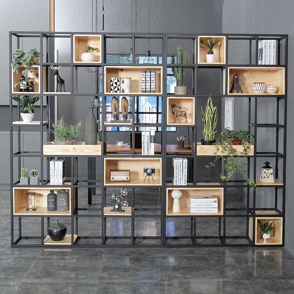 Industrial solid wood shelf partition porch iron screen shelf household office partition bookshelf -   13 office planting ideas