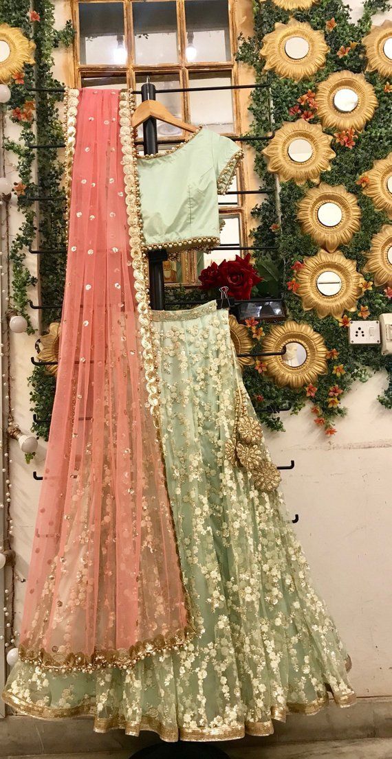 Mint green and blush pink wedding lehenga choli set, Indian wedding wear, bridal lengha blouse -   13 wedding Indian fashion ideas