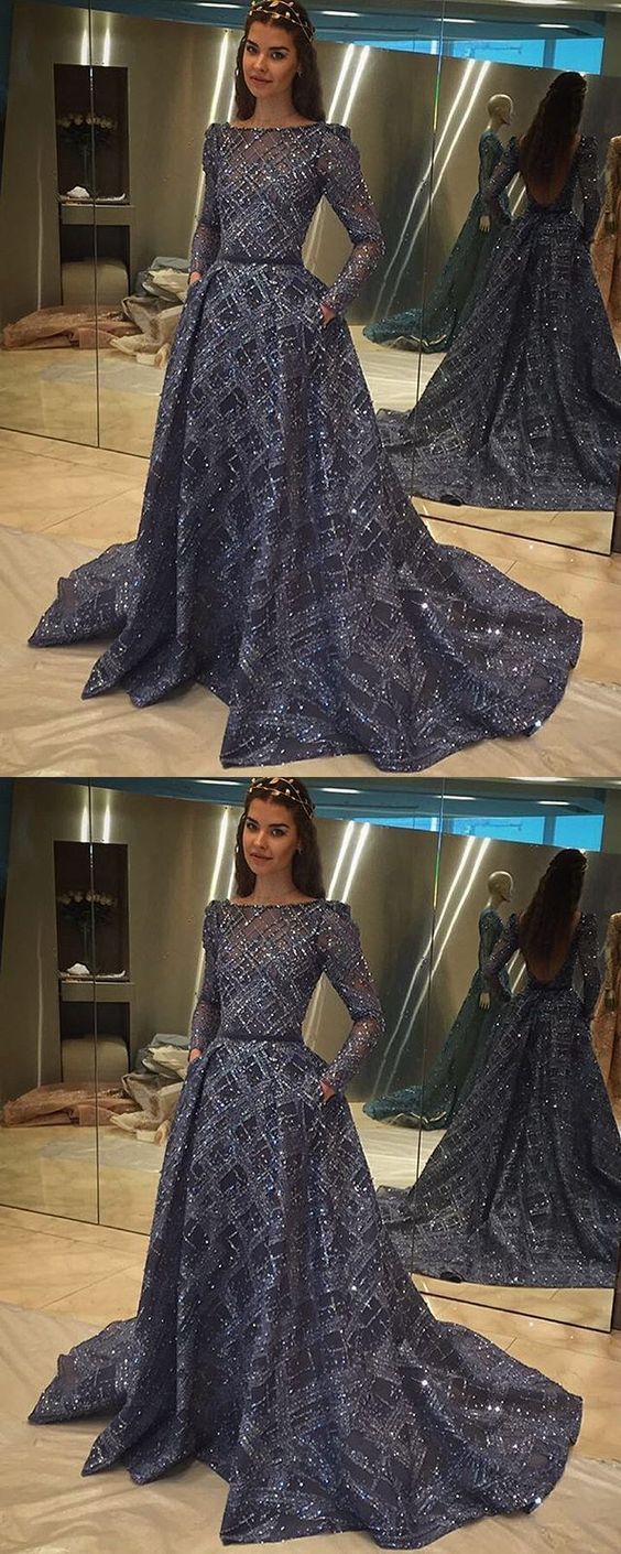 A-Line Bateau Long Sleeves Backless Navy Blue Satin Prom Dress with Beading Sequin M0754 -   14 dress Hijab modern ideas