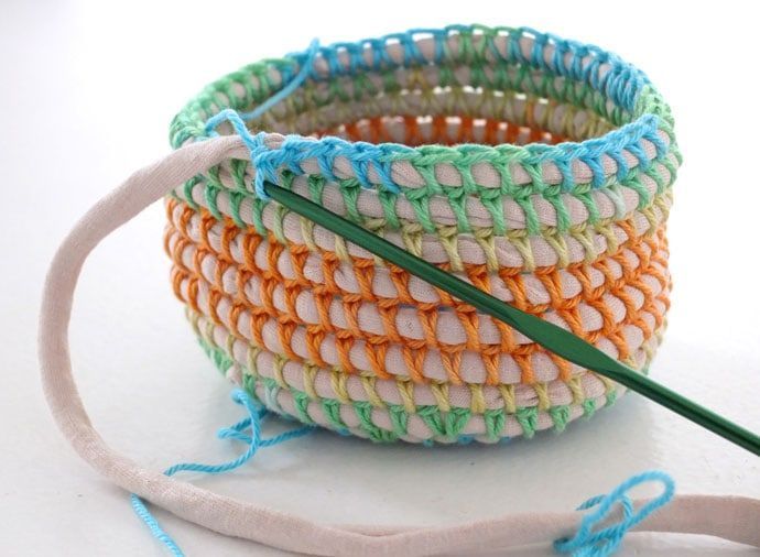 Coil + Crochet Rainbow Basket DIY -   14 fabric crafts DIY rope basket ideas