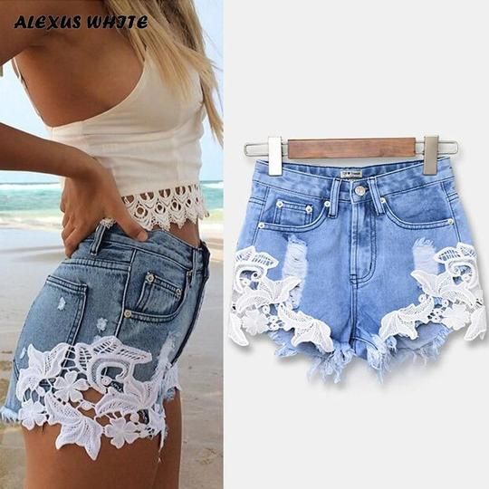 High Waist Lace Hot Shorts 2018 Summer Women's Beach Resort Bohemia Short Jeans Hole Washed Street Denim Shorts Female -   DIY
