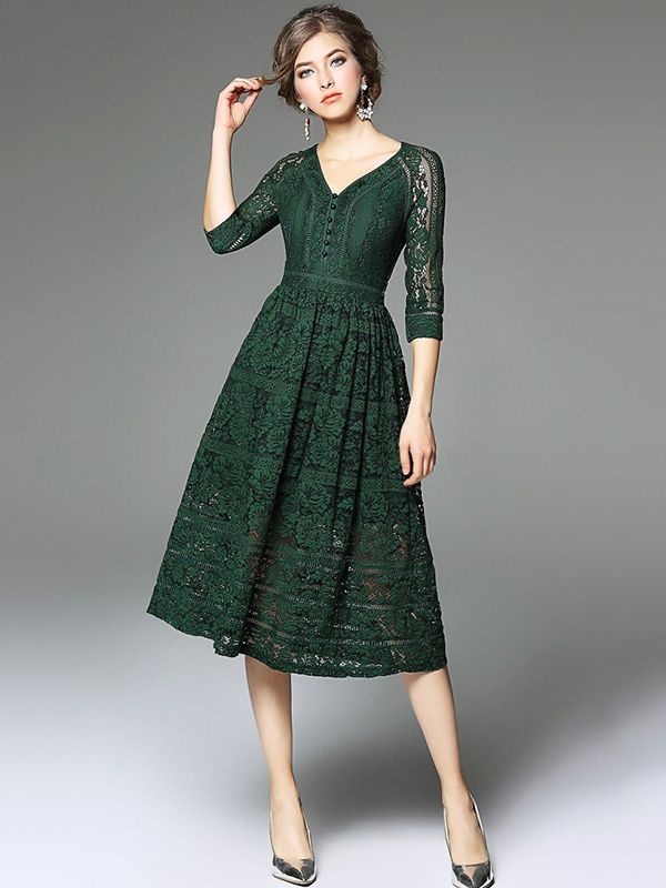 Green V Neckline Hollow Out Lace Dress -   15 dress Designs wardrobes ideas