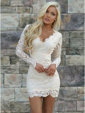 Sheath V-Neck Long Sleeves Open Back Short White Lace Homecoming Cocktail Dress -   15 dress Tight sleeves ideas
