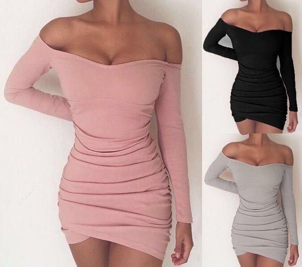 New Long Sleeve Mini Dress Womens Autumn Winter Dresses Women Sexy Party Black Pink Grey Off the shoulder Bodycon Dress -   15 dress Tight sleeves ideas