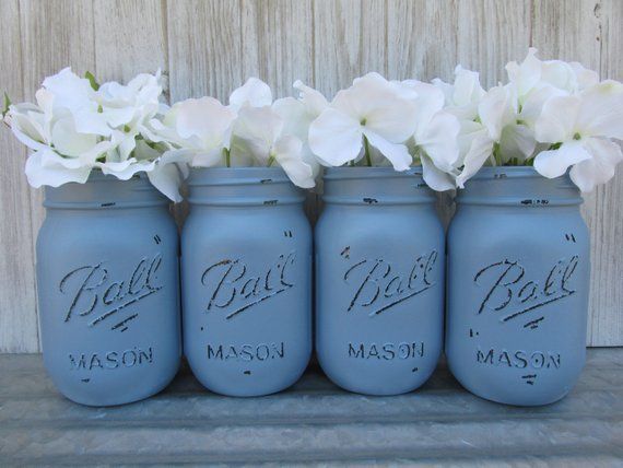 Steel/Slate Blue Painted Ball Mason Jars-Flower Vases-  Dusty Blue- Distressed/Rustic/Wedding/Baby S -   15 wedding Blue mason jars ideas