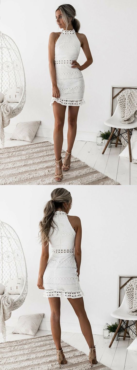 Sheath High-Neck Sleeveless Short White Lace Homecoming Dress -   15 white dress Short ideas