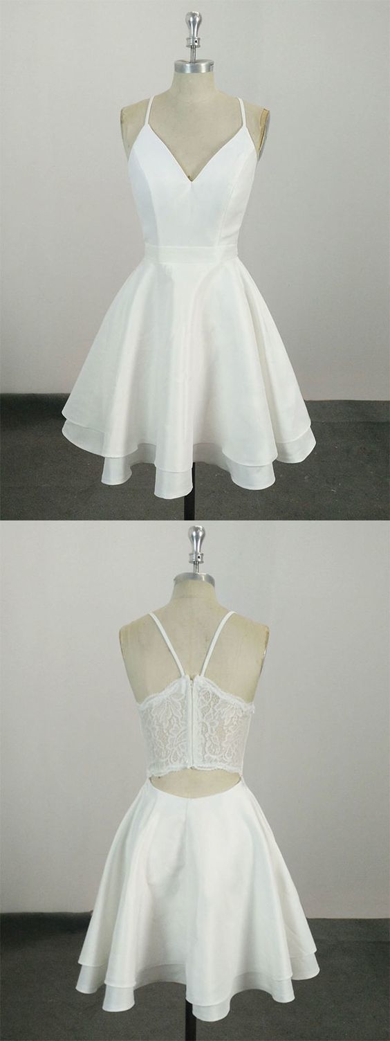 White v neck satin lace short prom dress, white homecoming dress -   15 white dress Short ideas