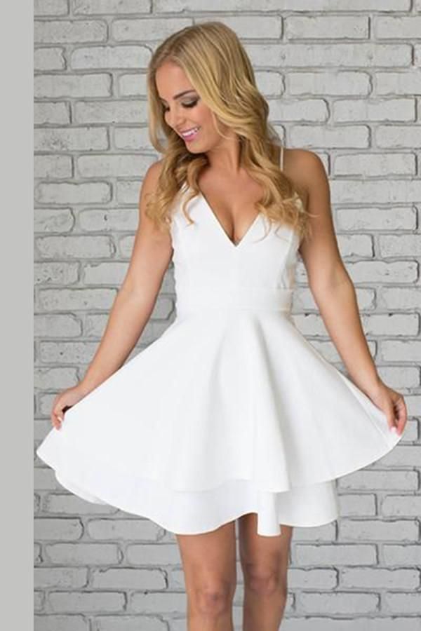 White Simple V Neck Spaghetti Straps Satin Homecoming Dresses for Teens, MH423 -   15 white dress Short ideas