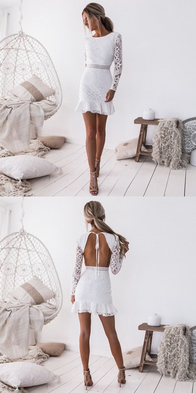 Sheath Crew Open Back Long Sleeves Short White Lace Homecoming Party Dress -   15 white dress Short ideas