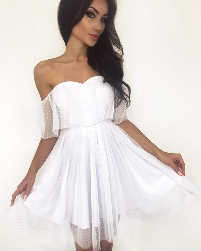 Polka Dot Net Off the Shoulder Pleated Homecoming Dress HD3290 -   15 white dress Short ideas