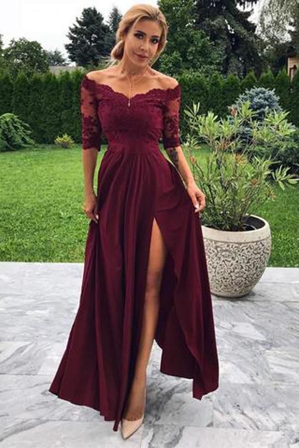 Burgundy Modest Off-the-shoulder A-line Satin Prom Dresses with Slit, SP379 -   16 dress Modest bags ideas
