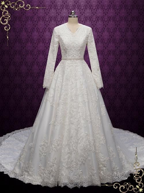 Modest Lace Wedding Dress with Long Sleeves | Hebe -   16 dress Modest bags ideas