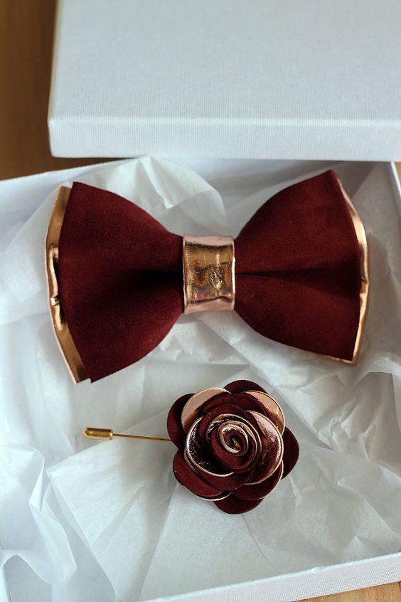 Rose Gold and burgundy leather bow tie for men, rose gold wedding bow tie,wedding burgundy boutonnere, genuine rose gold leahther bow tie -   16 tuxedo wedding Burgundy ideas