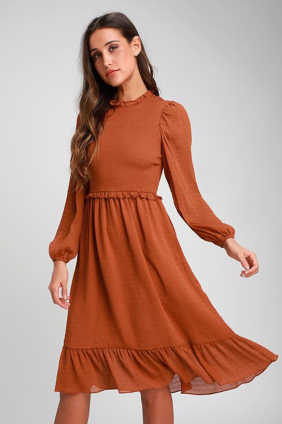 Whenever I'm With You Rust Orange Smocked Long Sleeve Midi Dress -   17 dress Midi formatura ideas
