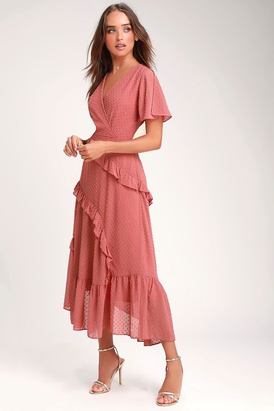 Lulus | Next to You Rusty Rose Swiss Dot Ruffled Midi Dress | Size X-Small | Pink | 100% Polyester -   17 dress Midi formatura ideas
