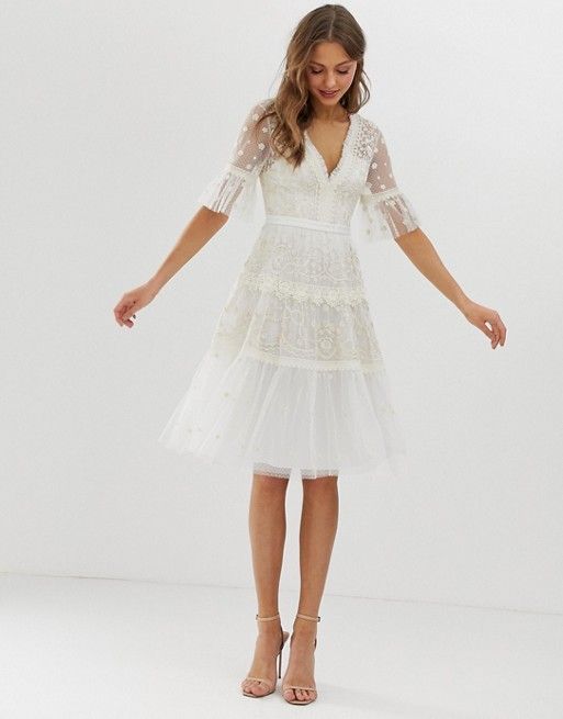 Needle & Thread embroidered midi dress with flutter sleeve in ivory -   17 white dress Midi ideas