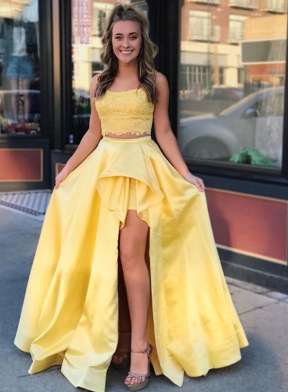 Yellow two pieces lace long prom dress, yellow evening dress -   18 dress Prom princess ideas