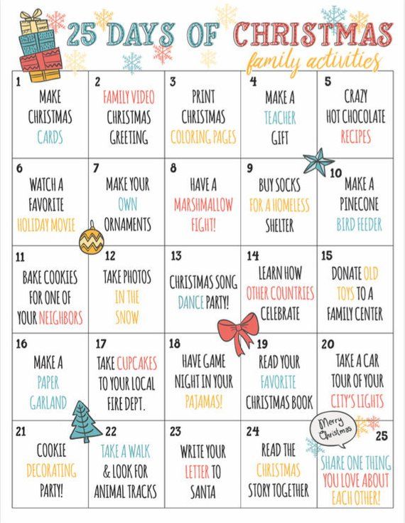 Christmas Countdown Calendar of Fun Family Activities- Printable -   18 holiday Activities christmas ideas