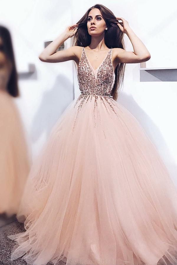 Hot Sale Admirable Prom Dresses A-Line A-Line Pearl Pink Tulle V Neck Long Prom Dress With Sequins -   19 evening dress 2018 ideas