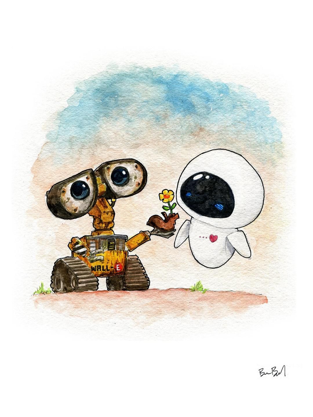 Wall-E and EVE Inspired Watercolor Print -   9 diet Wallpaper cartoon ideas