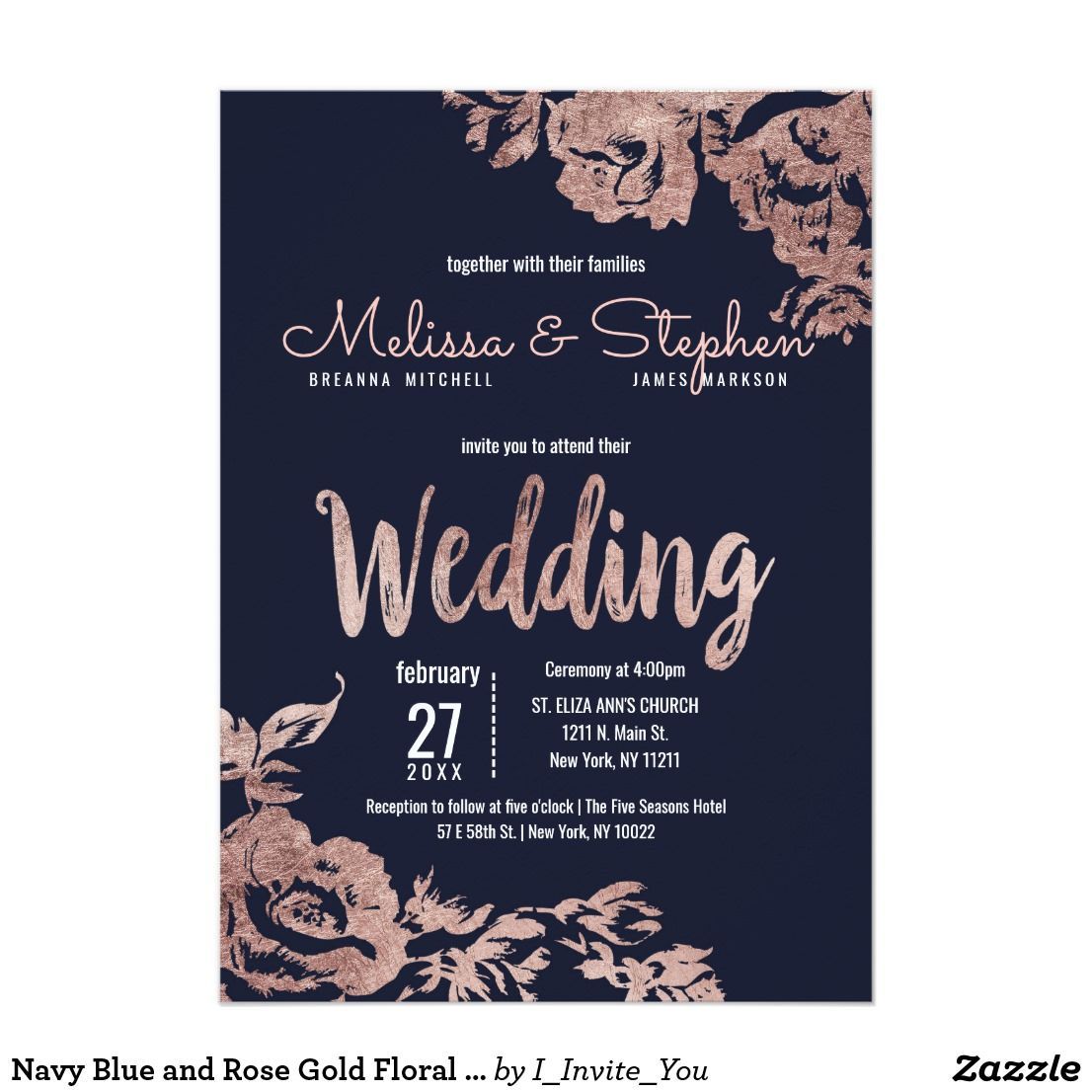 Navy Blue and Rose Gold Floral Wedding Invitation | Zazzle.com -   11 muslim wedding Card ideas