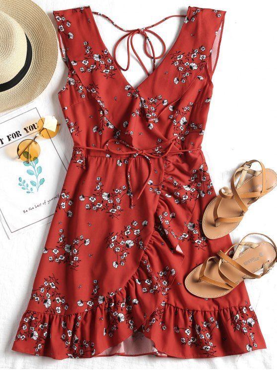 Yes Spring and Summer Floral Ruffles Sleeveless Plunging Mini Asymmetrical Beach and Casual and Vacation Casual Plunging Neck Ruffled Belted Floral Dress -   12 dress Fashion belts ideas