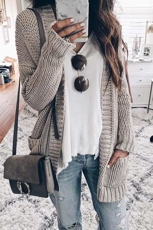 Grey Plain Pockets Long Sleeve Going out Casual Cardigan Sweater -   12 holiday Outfits cold weather ideas