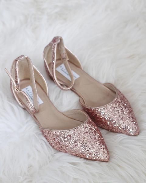 ROSE GOLD Rock Glitter Ankle Strap Flats -   13 wedding Shoes pink ideas