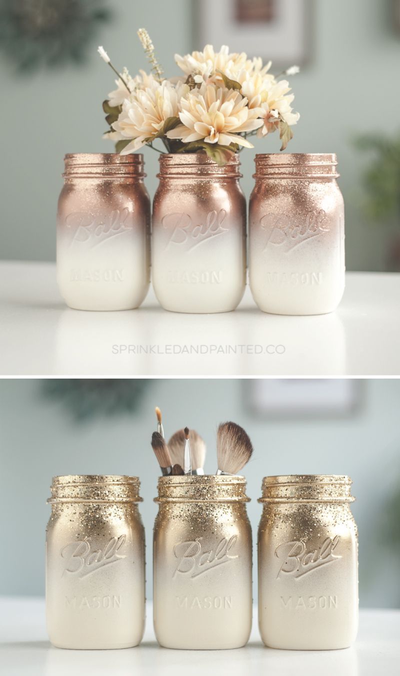 3 Rose Gold and Ivory Ombre Glitter Mason Jar Centerpiece, Organizing Jars, Home Decor, Parties, and Showers, Dorm Decor -   15 makeup Gold mason jars ideas