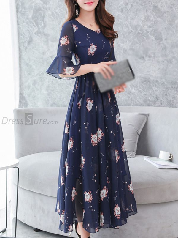 Fashion Chiffon V-Neck Flare Sleeve Print Maxi Dress -   16 dress Designs casual ideas