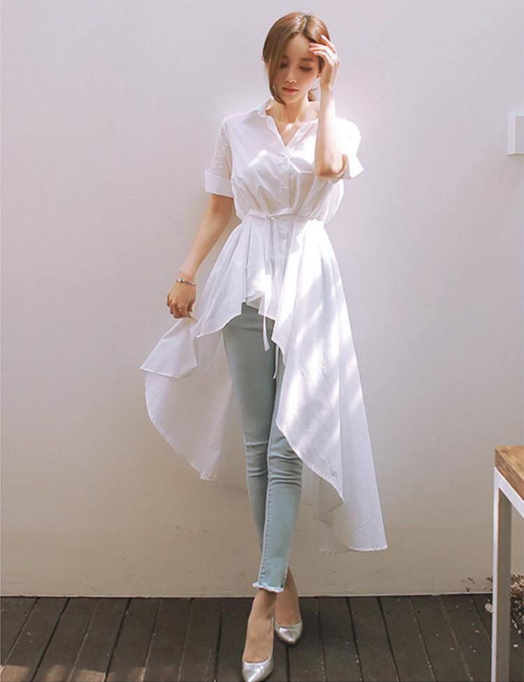 Women Short Sleeve Turn Down Collar Hi Low Shirt Dress Casual White Plus Size Bandage Big Swing Party Dress -   16 dress Designs casual ideas