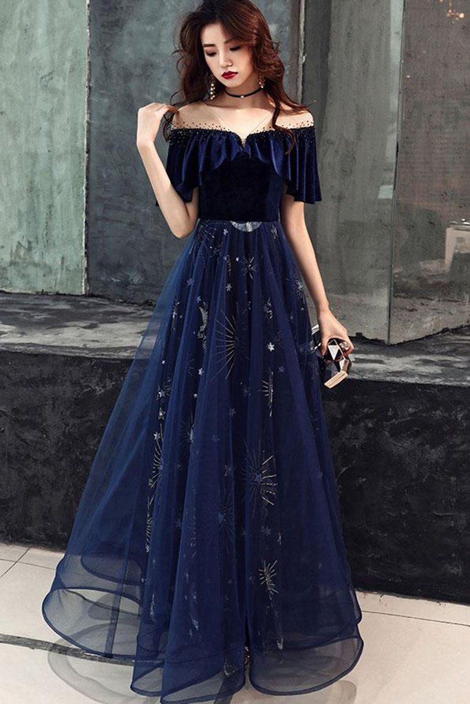 Blue Floral Print Tulle Long Satin V Neck Beaded Prom Dress, Formal Dress -   17 dress Formal fashion ideas