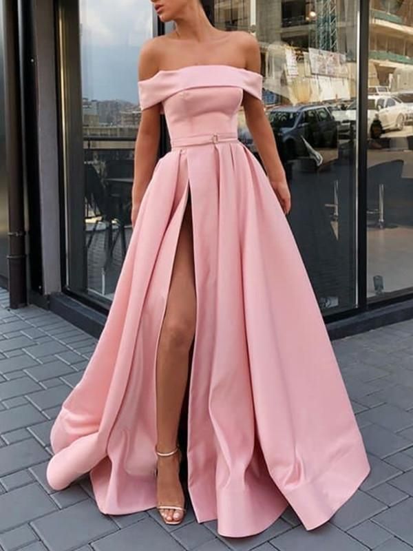 Copy of Pink Off Shoulder Satin Long Prom Dresses With High Slit, Pink Formal Dresses, Evening Dresses H2965 -   17 dress Formal fashion ideas