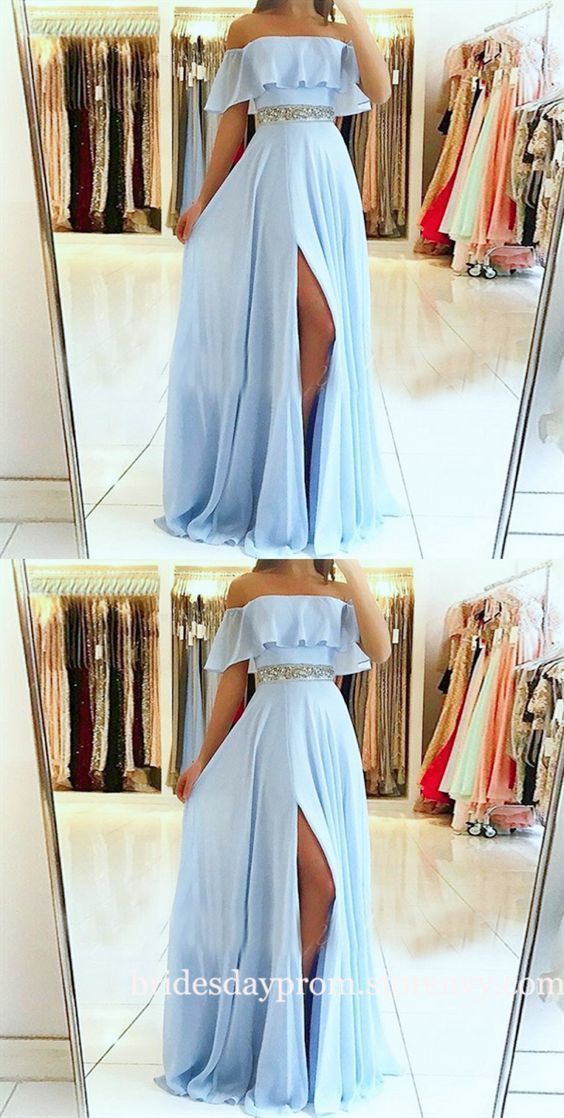 Sky Blue Chiffon Evening Dress,Off the Shoulder Crystal Prom Dress with Slit,A Line Women Formal Dresses -   17 dress Formal fashion ideas