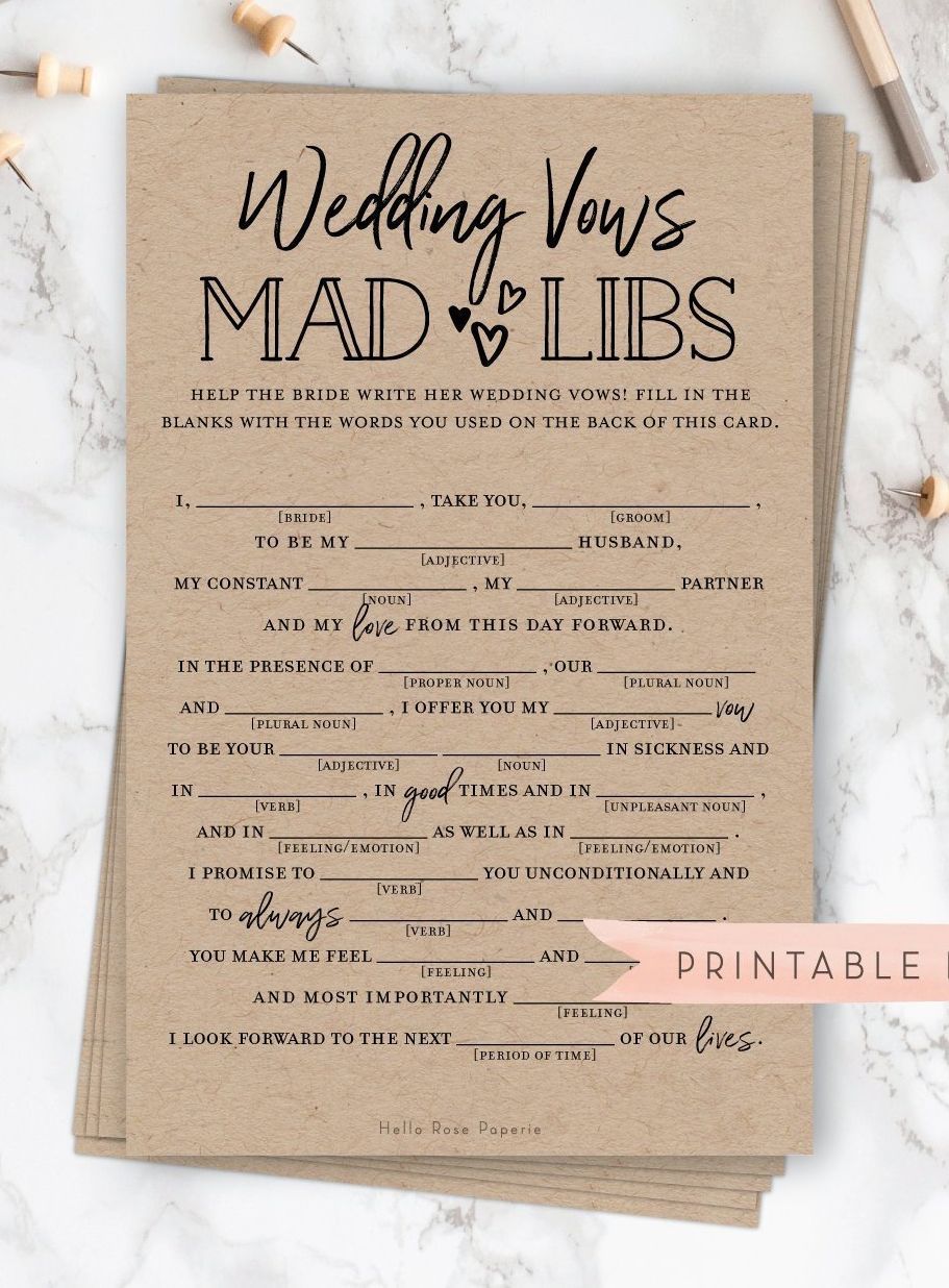 Wedding Vows Mad Libs . Printable Funny Bridal Shower Game . Rustic Kraft PLUS Black and White . Wedding Shower . Instant Digital Download -   17 wedding Party games ideas
