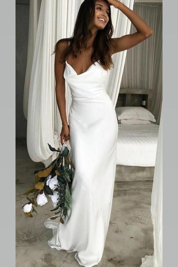 Cowl Neckline White Simple Wedding Gown with Thin Straps -   17 wedding Simple chic ideas