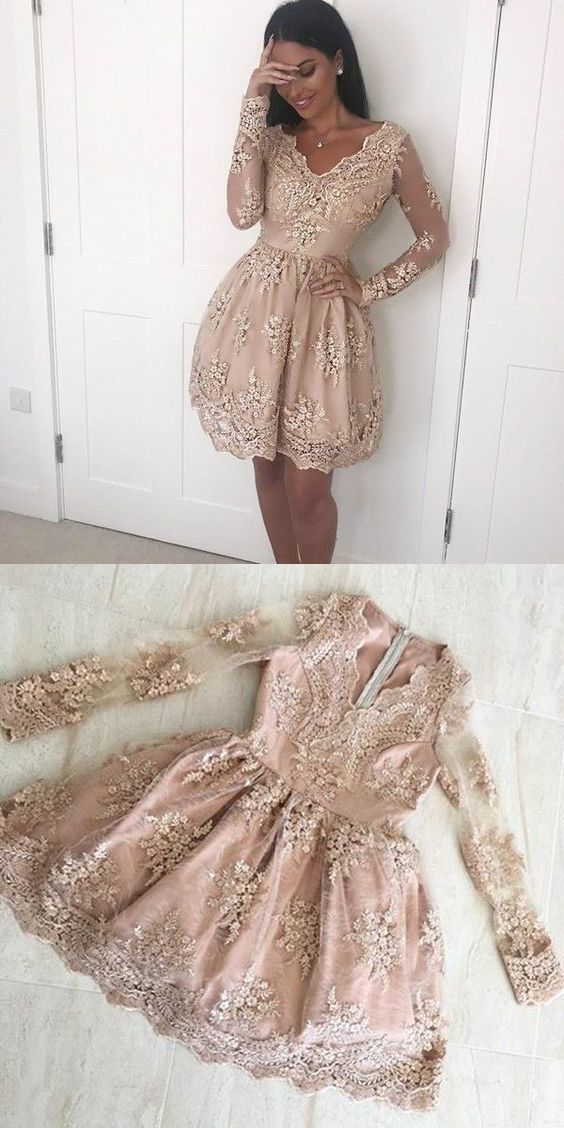 A-Line V-Neck Long Sleeves Champagne Tulle Homecoming Dress with Appliques C507 -   19 dress Formal short ideas