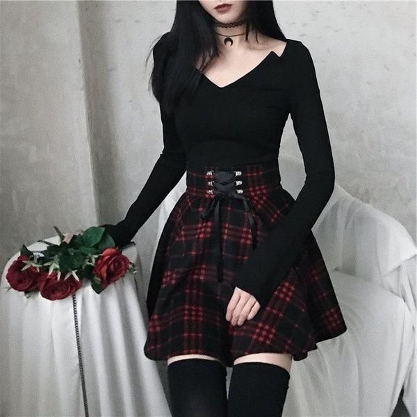 'Army of Darkness' Lace up Plaid Skirt -   4 dress Korean skirts ideas