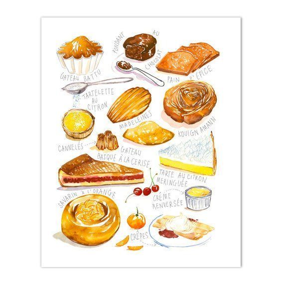 French kitchen wall art, French cake varieties art print, Watercolor bakery painting, French food il -   6 carrot cake Illustration ideas