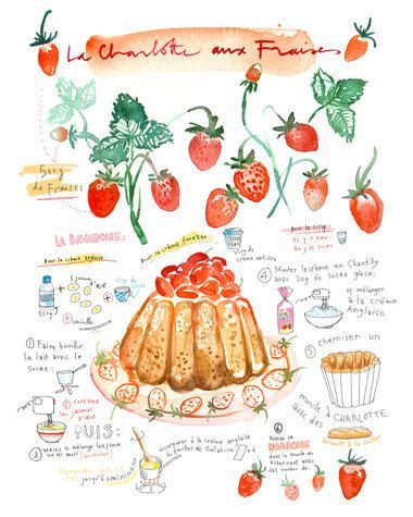 Strawberry shortcake recipe print, French Kitchen decor, Food art, Red home decor, Watercolor recipe art print, Cake painting, Bakery print -   6 strawberry cake Illustration ideas