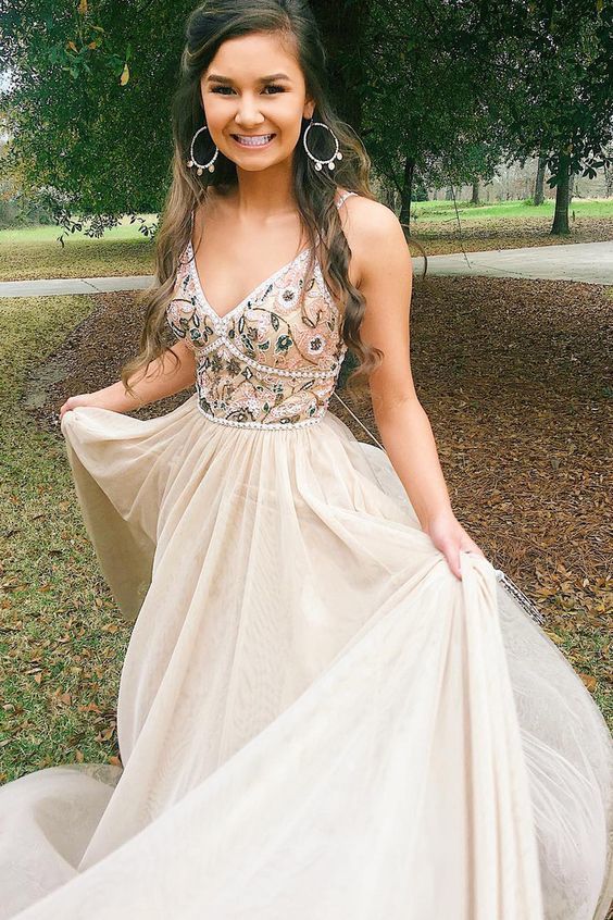 Pretty Customized Charming V neck Beaded A Line Long Prom Dress with Appliques -   10 dress Dance standard ideas