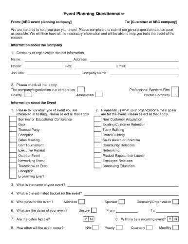 Event Planning Questionnaire -   10 Event Planning Business contract ideas