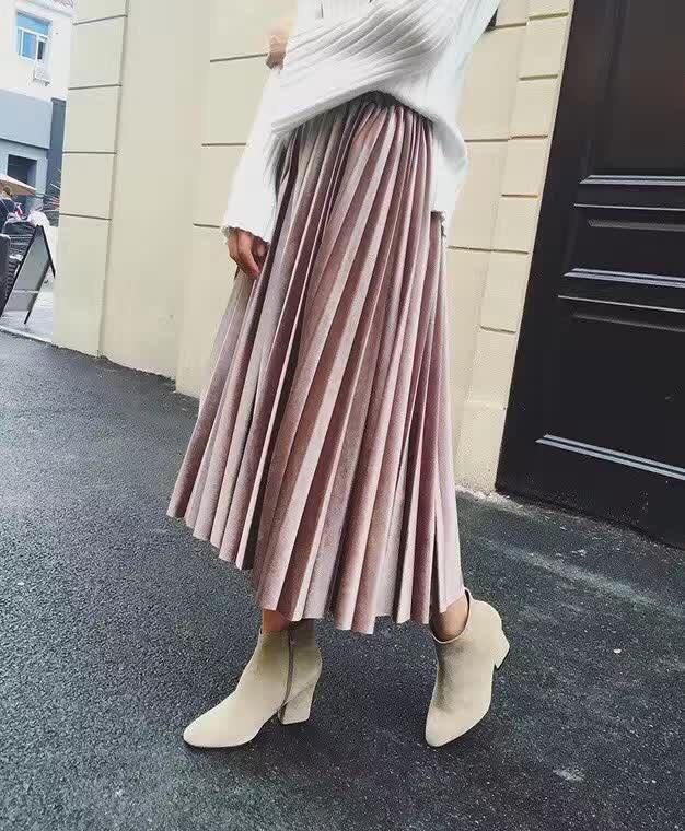 Pure Color Elastic Waist Velvet Pleated Long Skirt -   11 dress Hijab color combos ideas