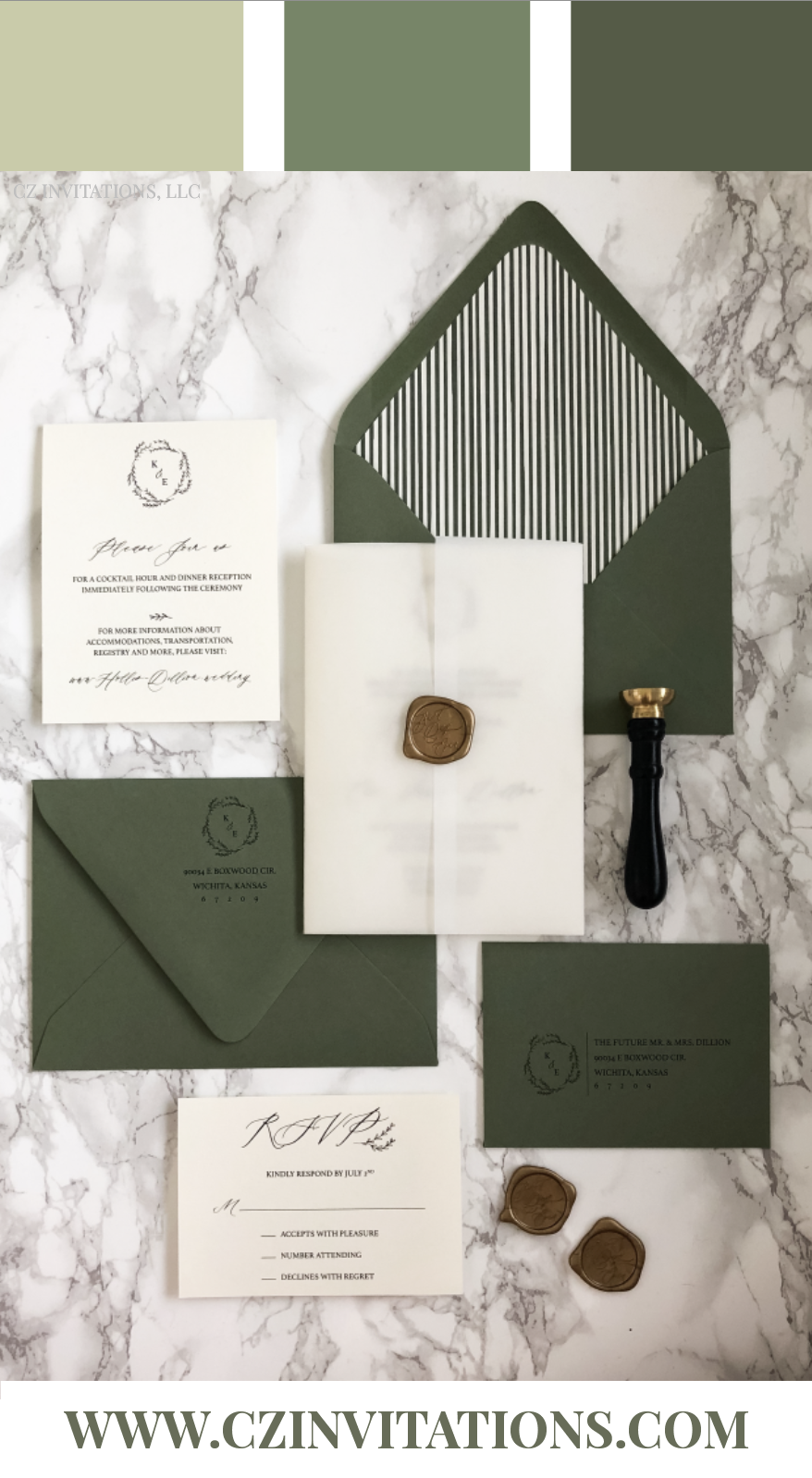 Green and Vellum Wedding Invitation with monogram -   11 wedding Card green ideas
